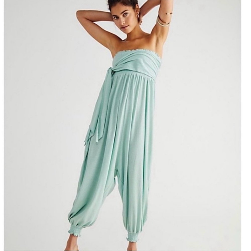 Free People Just Like That Convertible Green Harem Jumpsuit Pants Strapless